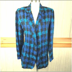 *Vintage 90s Blue Teal Plaid Rayon Blazer Jacket